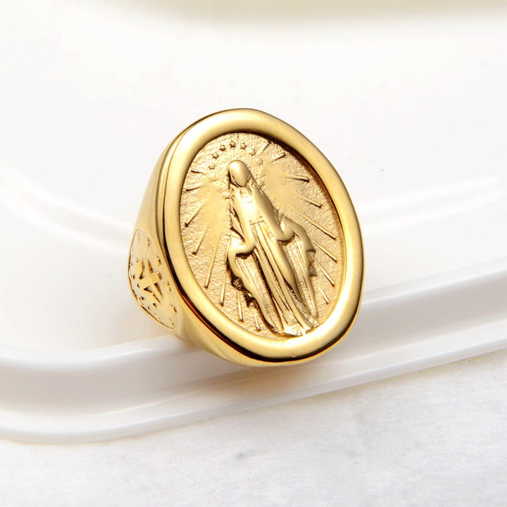 Christianartworkshop Classic Minimalist Style Virgin Mary Miraculous Medal Faith Connection Ring