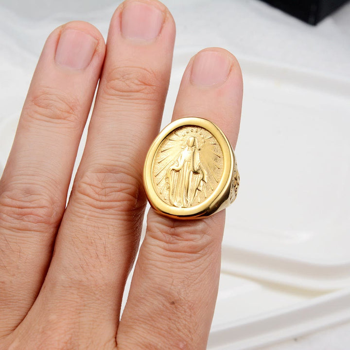 Christianartworkshop Classic Minimalist Style Virgin Mary Miraculous Medal Faith Connection Ring