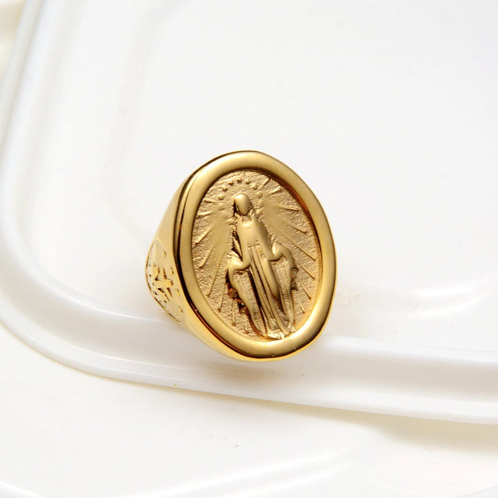 Christianartworkshop Classic Minimalist Style Virgin Mary Miraculous Medal Faith Connection Ring