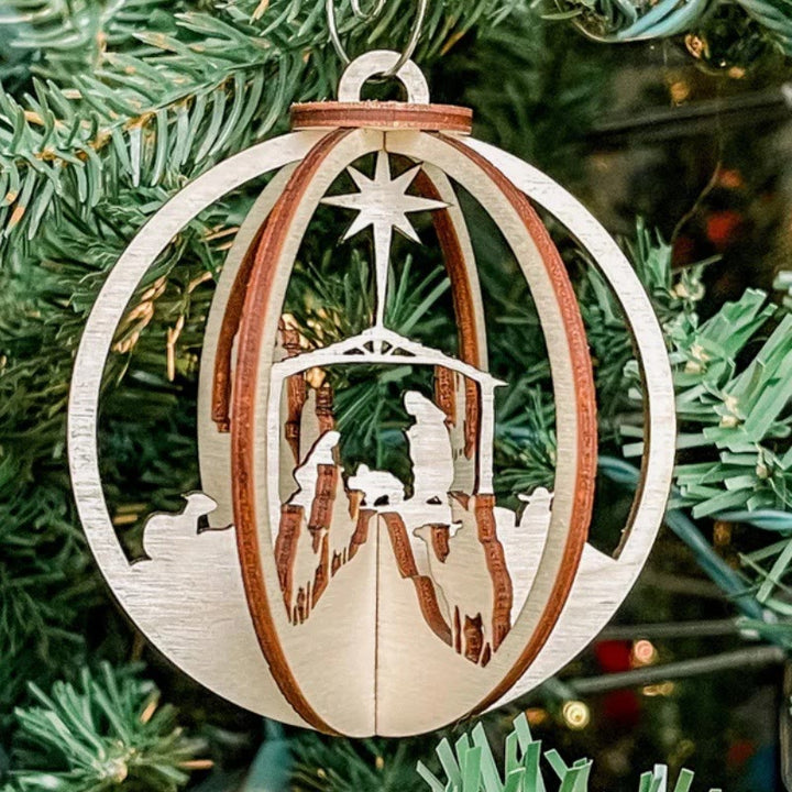 Christianartworkshop Rustic Style Nativity Scene Orb Wood Pendant Christmas Nativity Hanging Ornaments