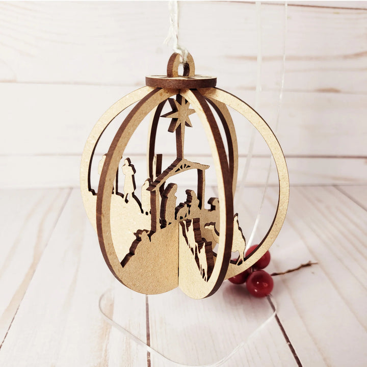 Christianartworkshop Rustic Style Nativity Scene Orb Wood Pendant Christmas Nativity Hanging Ornaments