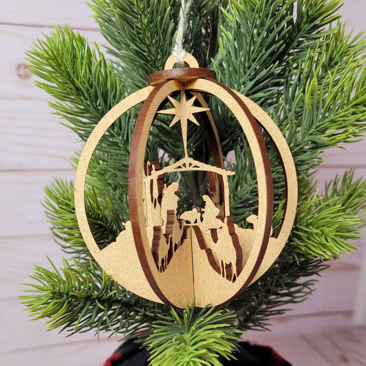 Christianartworkshop Rustic Style Nativity Scene Orb Wood Pendant Christmas Nativity Hanging Ornaments