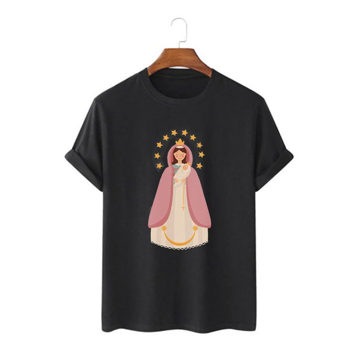 Christianartworkshop Minimalist Style Divine Virgin Mary and Child Short Sleeve Washed T-shirt