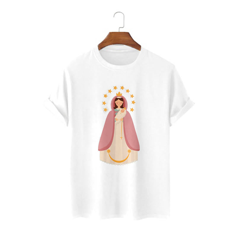 Christianartworkshop Minimalist Style Divine Virgin Mary and Child Short Sleeve Washed T-shirt