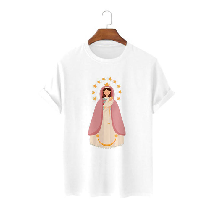 Christianartworkshop Minimalist Style Divine Virgin Mary and Child Short Sleeve Washed T-shirt