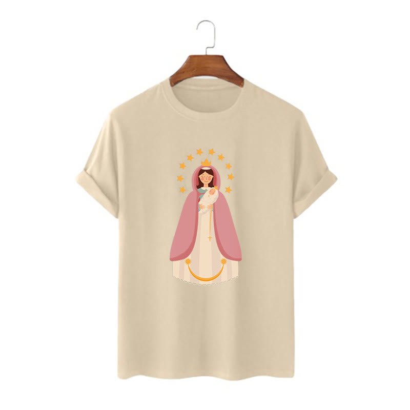 Christianartworkshop Minimalist Style Divine Virgin Mary and Child Short Sleeve Washed T-shirt