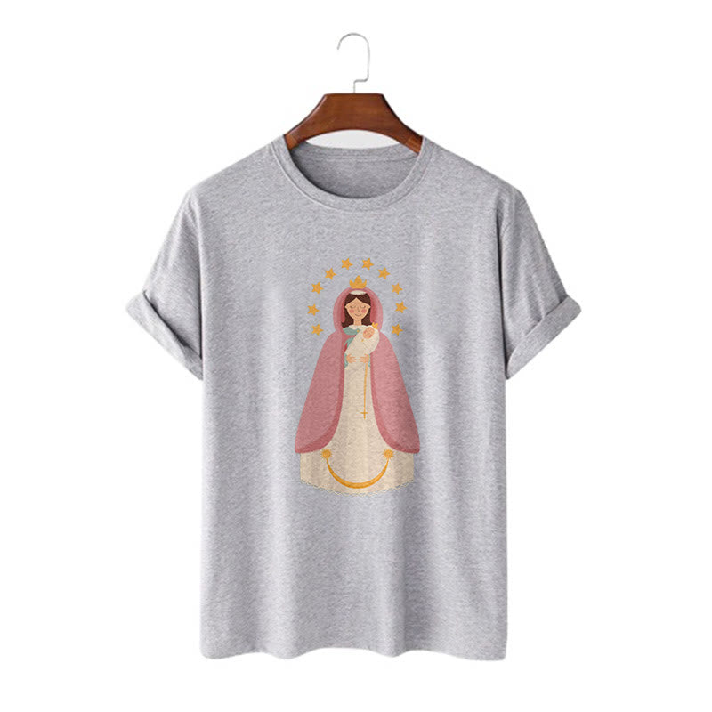 Christianartworkshop Minimalist Style Divine Virgin Mary and Child Short Sleeve Washed T-shirt