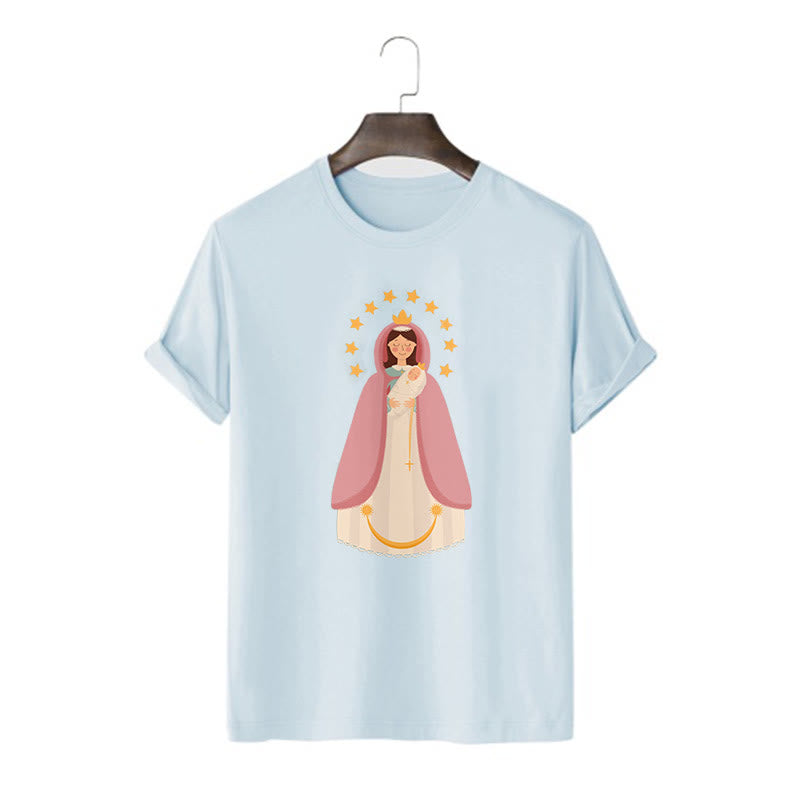 Christianartworkshop Minimalist Style Divine Virgin Mary and Child Short Sleeve Washed T-shirt