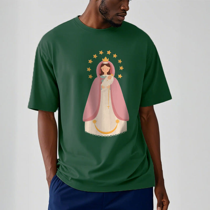 Christianartworkshop Minimalist Style Divine Virgin Mary and Child Short Sleeve Washed T-shirt