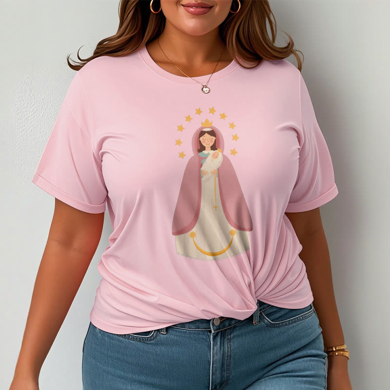 Christianartworkshop Minimalist Style Divine Virgin Mary and Child Short Sleeve Washed T-shirt