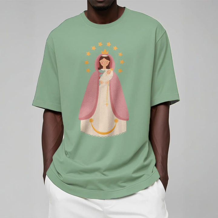 Christianartworkshop Minimalist Style Divine Virgin Mary and Child Short Sleeve Washed T-shirt