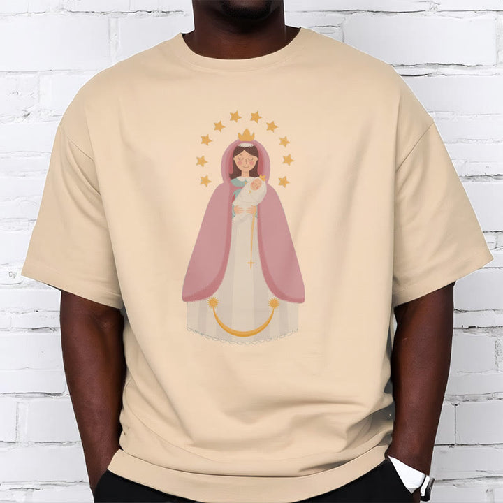 Christianartworkshop Minimalist Style Divine Virgin Mary and Child Short Sleeve Washed T-shirt