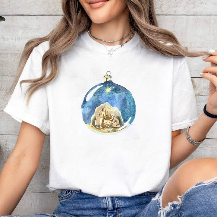 Christianartworkshop Cartoon Style Nativity Scene Short Sleeve Washed T-shirt