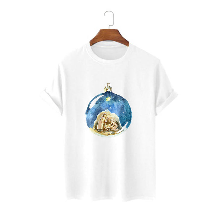 Christianartworkshop Cartoon Style Nativity Scene Short Sleeve Washed T-shirt - White - 2XL - image 0
