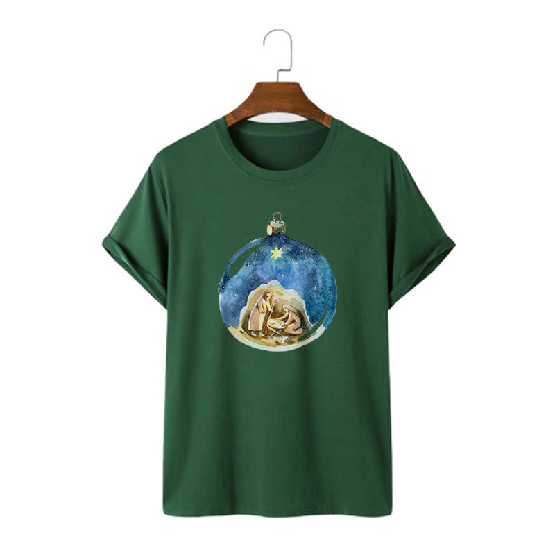 Christianartworkshop Cartoon Style Nativity Scene Short Sleeve Washed T-shirt - Dark Green - 2XL - image 10