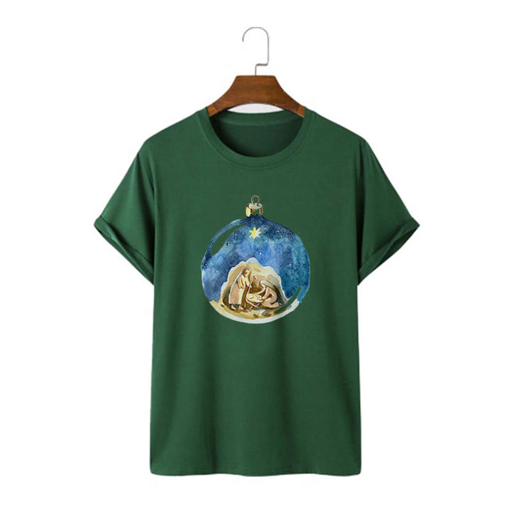 Christianartworkshop Cartoon Style Nativity Scene Short Sleeve Washed T-shirt - Dark Green - 2XL - image 10