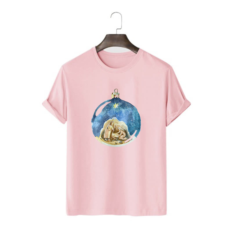 Christianartworkshop Cartoon Style Nativity Scene Short Sleeve Washed T-shirt - Pink - 2XL - image 14