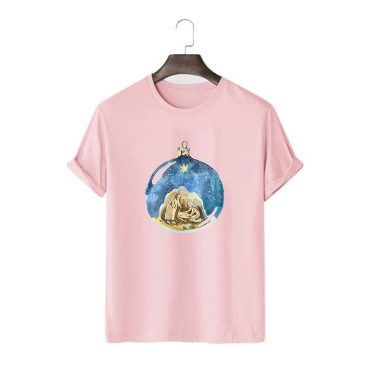 Christianartworkshop Cartoon Style Nativity Scene Short Sleeve Washed T-shirt - Pink - 2XL - image 14