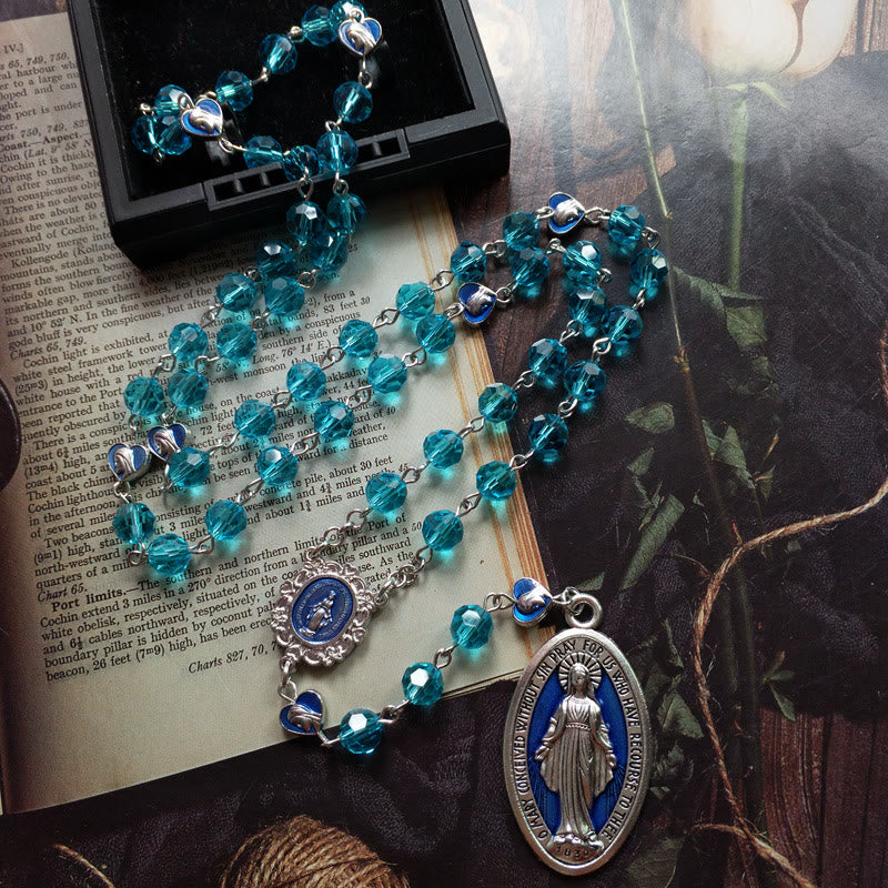 Christianartworkshop Miraculous Medal of 8 mm Round Blue Glass Cystal Alloy Chain Rosary