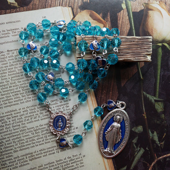 Christianartworkshop Miraculous Medal of 8 mm Round Blue Glass Cystal Alloy Chain Rosary