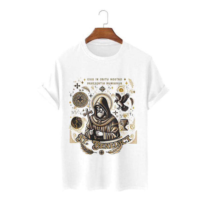 Christianartworkshop Classic Style St. Benedict Blessing Graphic Short Sleeve Washed T-shirt