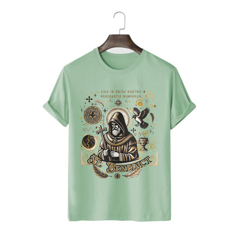 Christianartworkshop Classic Style St. Benedict Blessing Graphic Short Sleeve Washed T-shirt