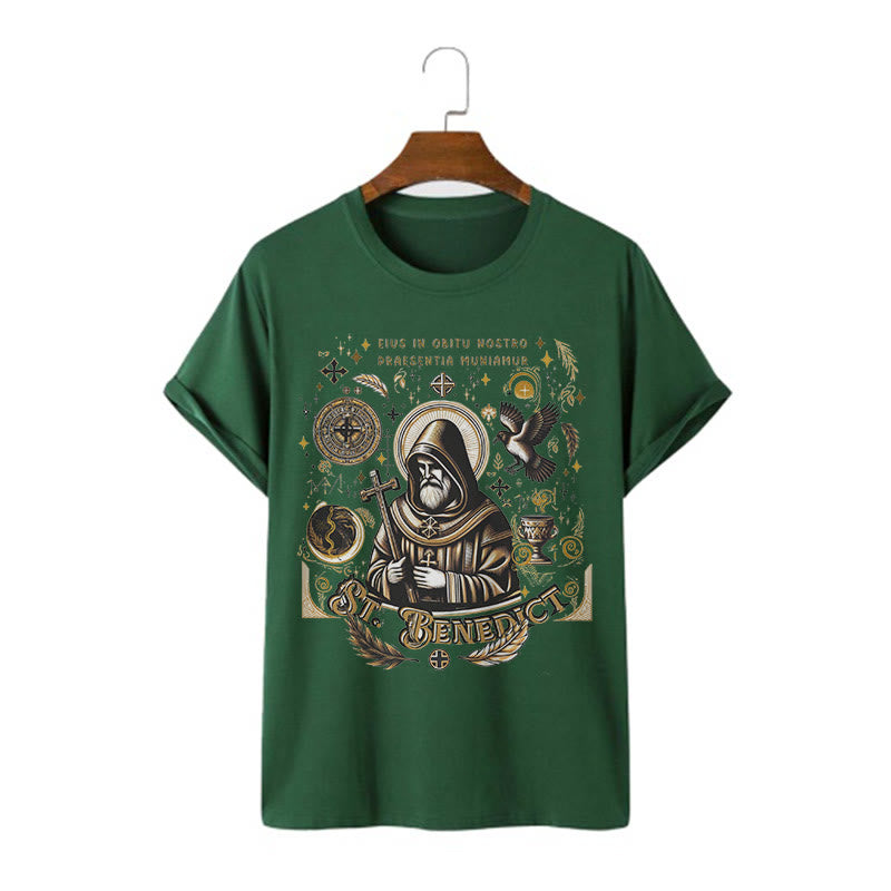 Christianartworkshop Classic Style St. Benedict Blessing Graphic Short Sleeve Washed T-shirt