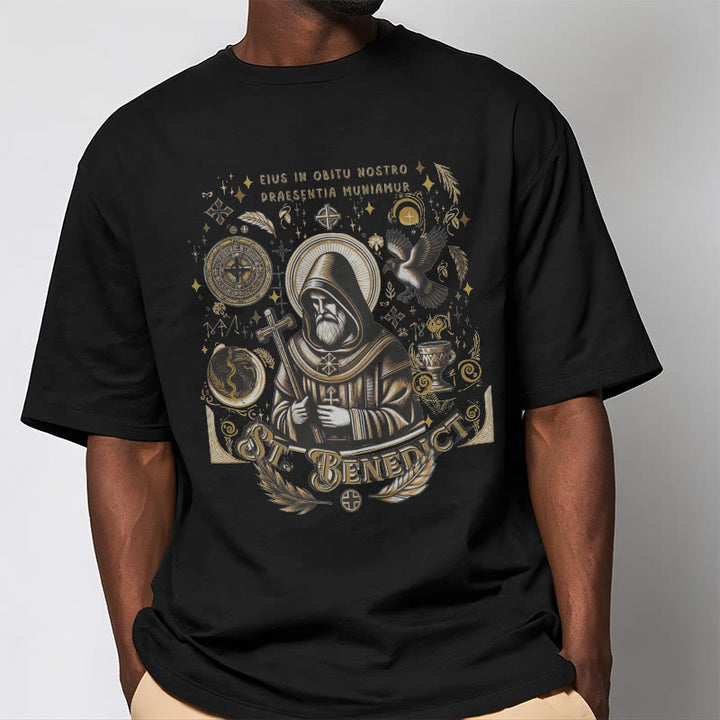 Christianartworkshop Classic Style St. Benedict Blessing Graphic Short Sleeve Washed T-shirt