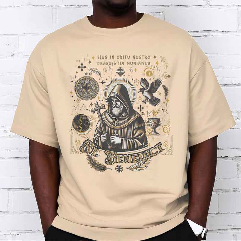 Christianartworkshop Classic Style St. Benedict Blessing Graphic Short Sleeve Washed T-shirt