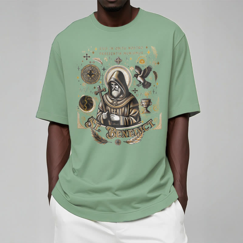 Christianartworkshop Classic Style St. Benedict Blessing Graphic Short Sleeve Washed T-shirt