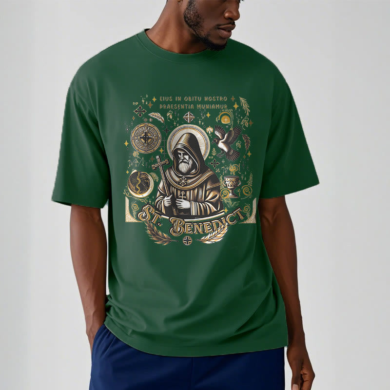 Christianartworkshop Classic Style St. Benedict Blessing Graphic Short Sleeve Washed T-shirt