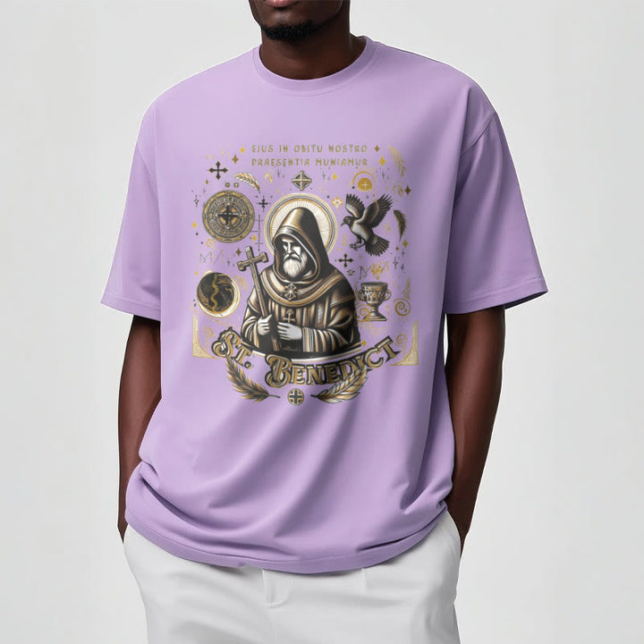 Christianartworkshop Classic Style St. Benedict Blessing Graphic Short Sleeve Washed T-shirt