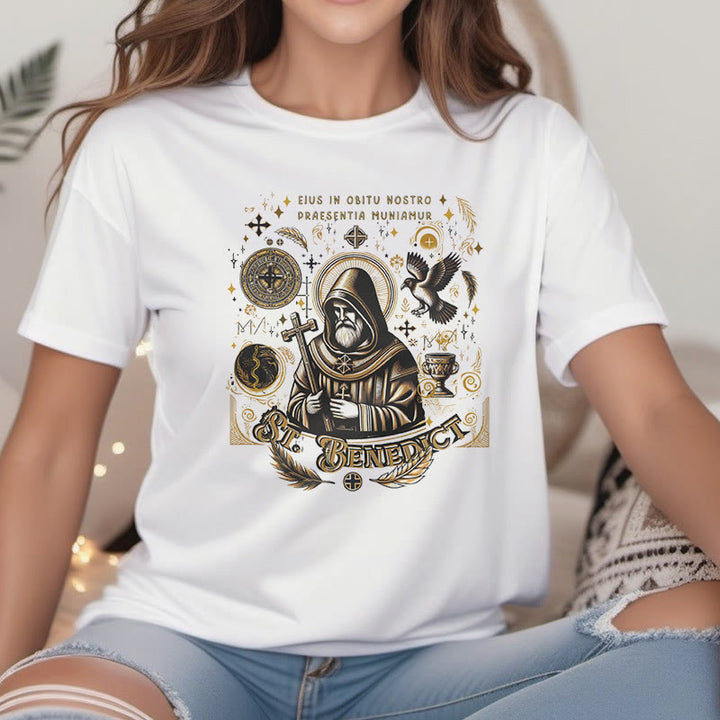 Christianartworkshop Classic Style St. Benedict Blessing Graphic Short Sleeve Washed T-shirt