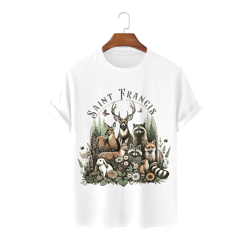 Christianartworkshop Colored Style Harmony Of Nature Saint Francis Short Sleeve Washed T-shirt - White - 2XL - image 0