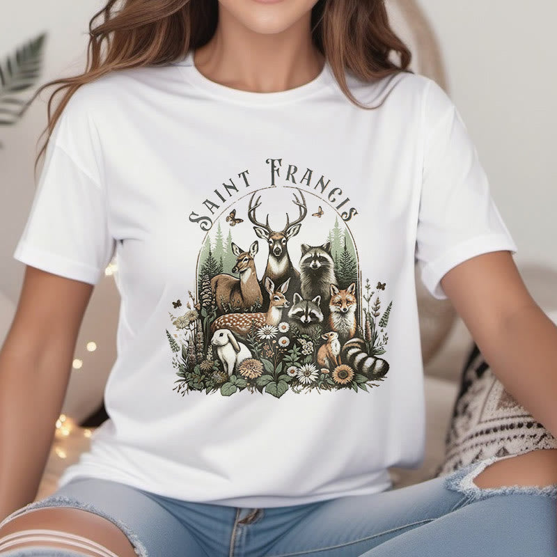 Christianartworkshop Colored Style Harmony Of Nature Saint Francis Short Sleeve Washed T-shirt - image 1