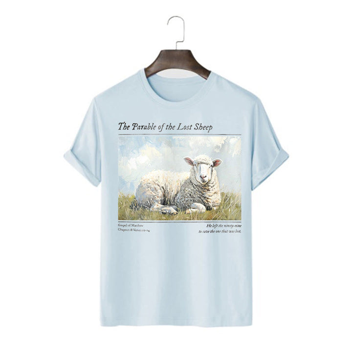 Christianartworkshop Realistic Style Parable of the Lost Sheep Short Sleeve Washed T-shirt - Blue - 2XL - image 15