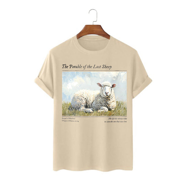 Christianartworkshop Realistic Style Parable of the Lost Sheep Short Sleeve Washed T-shirt - Khaki - 2XL - image 5