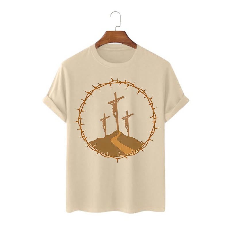Christianartworkshop Minimalist Style Three Crosses Of Calvary Short Sleeve Washed T-shirt - Khaki - 2XL - image 5