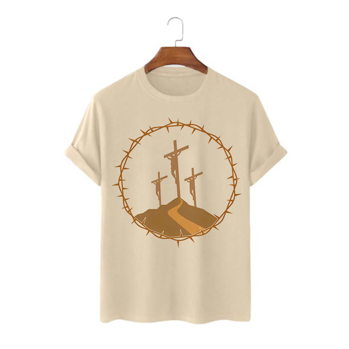 Christianartworkshop Minimalist Style Three Crosses Of Calvary Short Sleeve Washed T-shirt - Khaki - 2XL - image 5