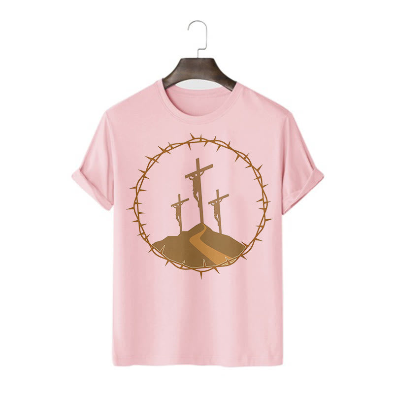 Christianartworkshop Minimalist Style Three Crosses Of Calvary Short Sleeve Washed T-shirt - Pink - 2XL - image 11