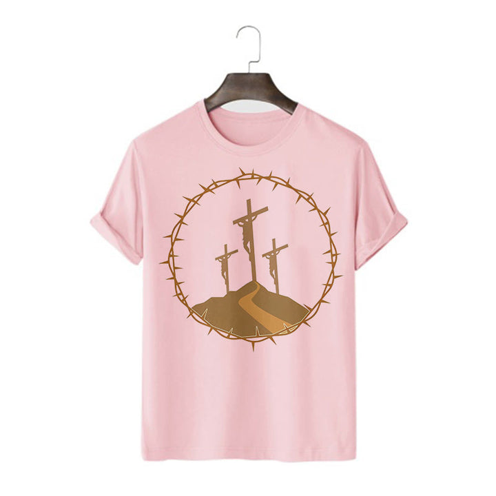 Christianartworkshop Minimalist Style Three Crosses Of Calvary Short Sleeve Washed T-shirt - Pink - 2XL - image 11
