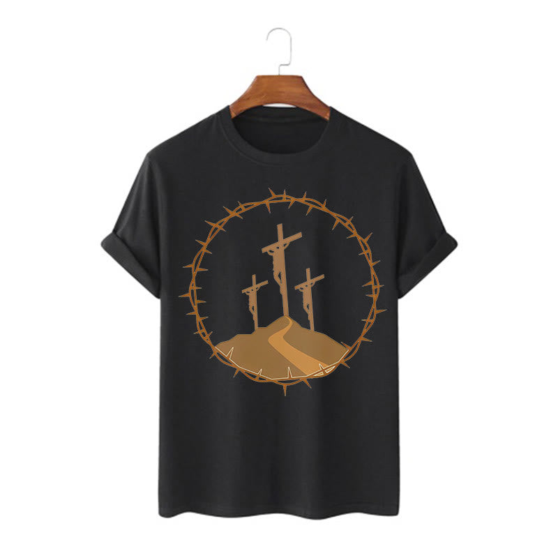 Christianartworkshop Minimalist Style Three Crosses Of Calvary Short Sleeve Washed T-shirt - Black - 2XL - image 3