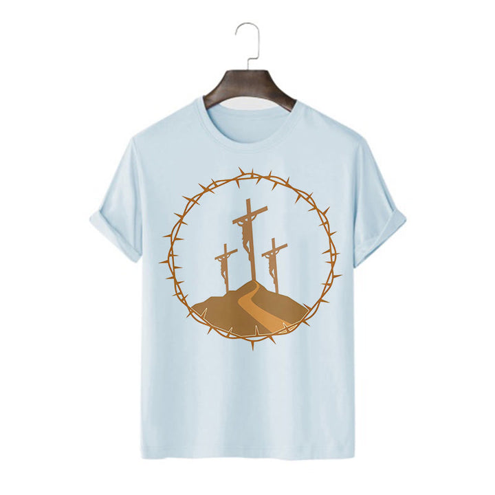 Christianartworkshop Minimalist Style Three Crosses Of Calvary Short Sleeve Washed T-shirt - Blue - 2XL - image 15