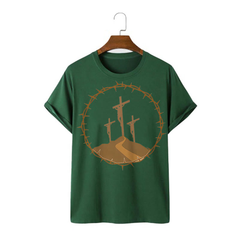 Christianartworkshop Minimalist Style Three Crosses Of Calvary Short Sleeve Washed T-shirt - Dark Green - 2XL - image 7