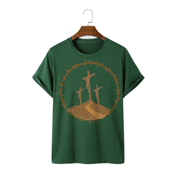 Christianartworkshop Minimalist Style Three Crosses Of Calvary Short Sleeve Washed T-shirt - Dark Green - 2XL - image 7