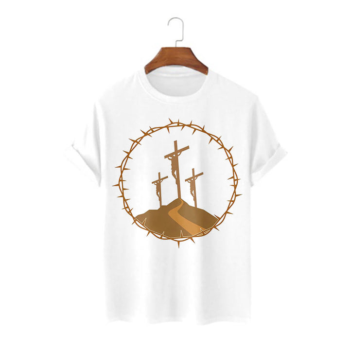 Christianartworkshop Minimalist Style Three Crosses Of Calvary Short Sleeve Washed T-shirt - White - 2XL - image 0