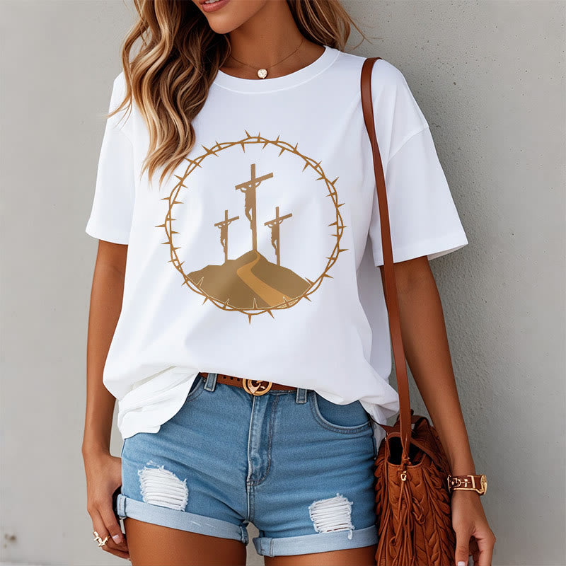 Christianartworkshop Minimalist Style Three Crosses Of Calvary Short Sleeve Washed T-shirt - image 2