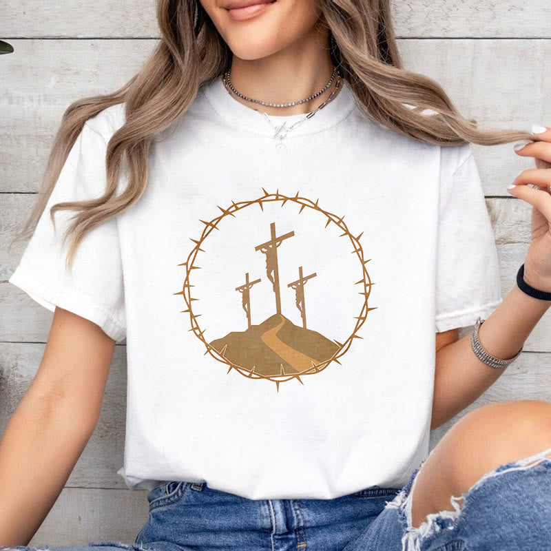 Christianartworkshop Minimalist Style Three Crosses Of Calvary Short Sleeve Washed T-shirt - image 1