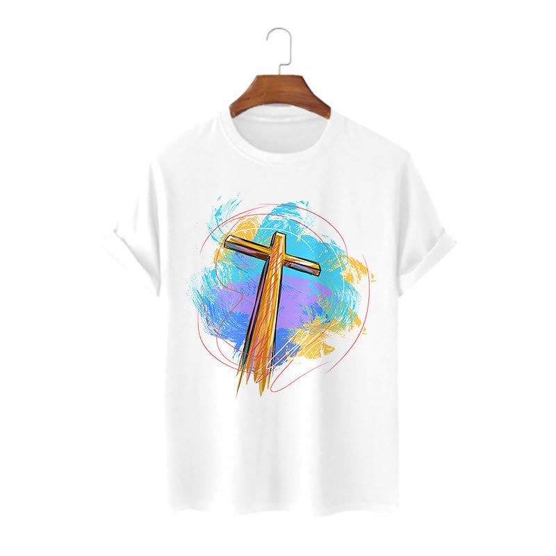 Christianartworkshop Colored Style Blessing Cross Short Sleeve Washed T-shirt - White - 2XL - image 0