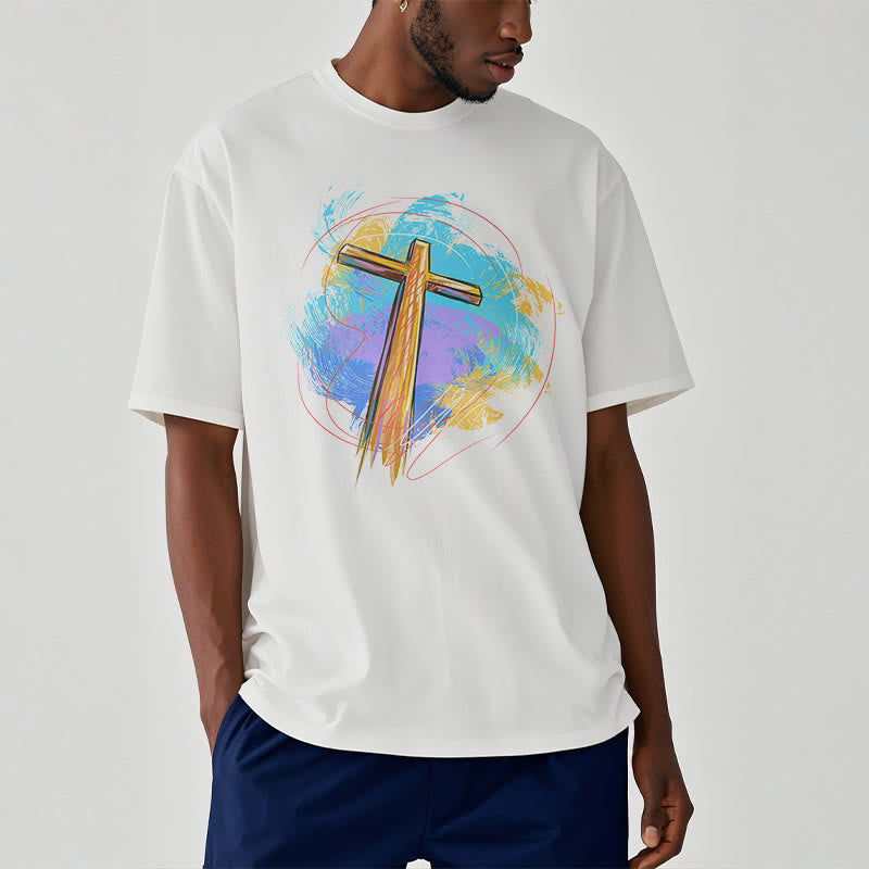 Christianartworkshop Colored Style Blessing Cross Short Sleeve Washed T-shirt - image 1